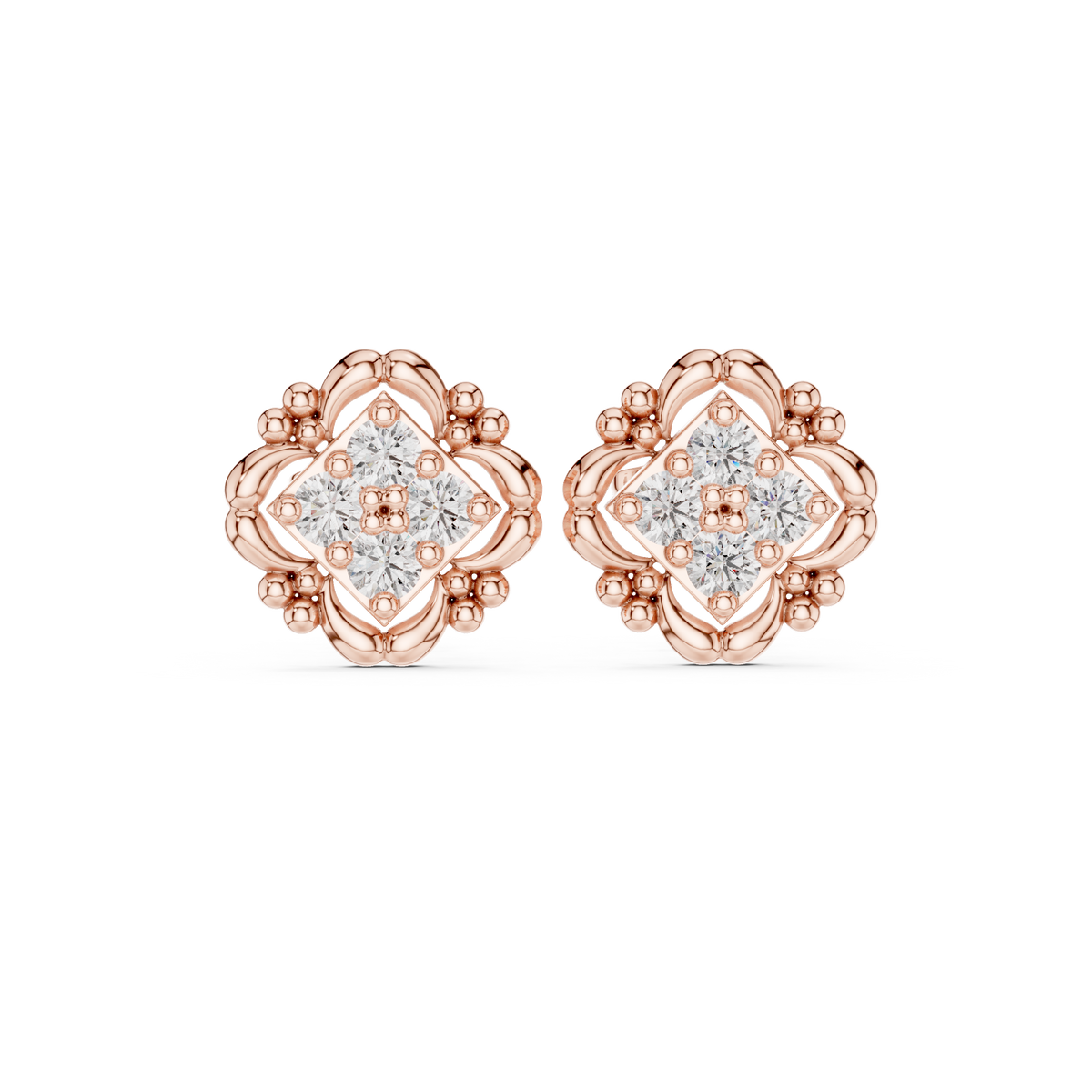 Sculpted Ornate Round Lab Diamond Stud Earrings with Floral Beaded Frame