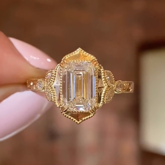 Vintage Art Deco Emerald Cut Lab Grown Diamond Wedding Ring