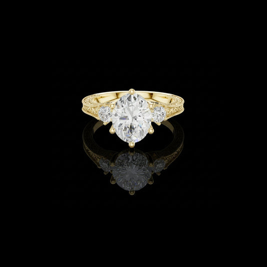 2.50 CT Glamour Vintage Oval Cut Moissanite Diamond Ring with Round Side Stones Engraved in Gold