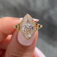 Dutch Marquise Halo Moissanite Ring with Blue Side Stones