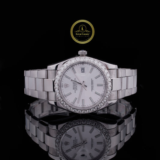Round Cut Moissanite Diamond Bezel Oyster Perpetual Date Style Watch with Oyster Band
