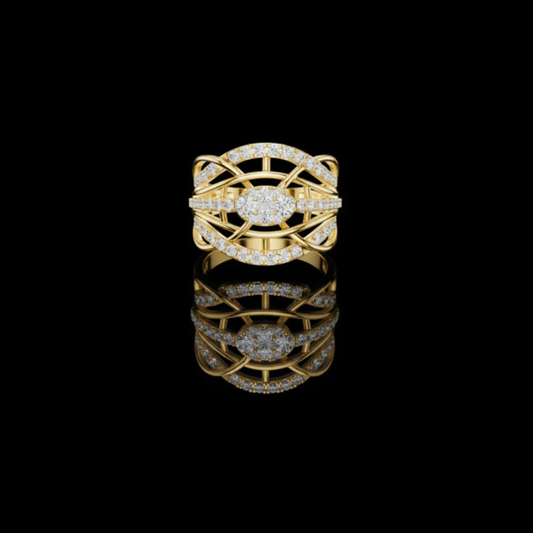 0.76 TCW Multi Row Weave Ring with Round Lab Grown Diamond Centerpiece and Brilliant Pavé Accents