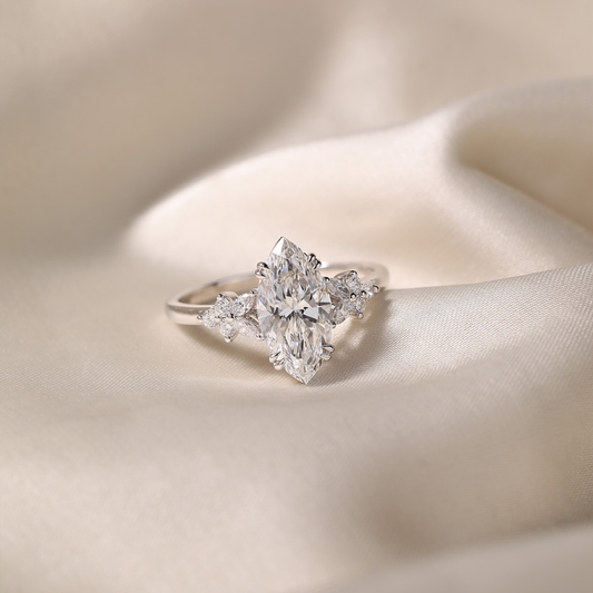 Marquise Moissanite Cluster Ring with Round And Marquise Side Accents