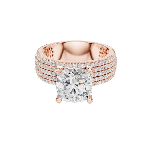 Four Row Cushion Lab Diamond Engagement Ring Pave Wedding Band