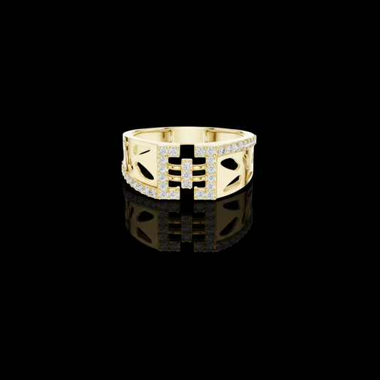 0.38 TCW Luxurious Round Moissanite Diamond with Geometric Cutout Design Modern Pave Statement Ring for Him