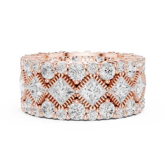 1.98 CT Bold Princess Cut and Round Moissanite Diamond Wide Eternity Band with Intricate Milgrain Detailing