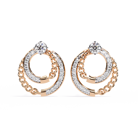 Double Circle Lab Diamond Round Stud Earrings with Pavé Chain Detail