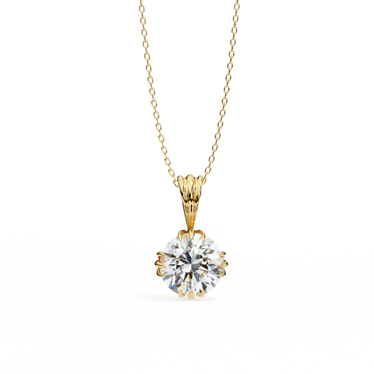 2.04 TCW Luminous Round Cut Moissanite Diamond Pendant with Decorative Gold Crown Prongs