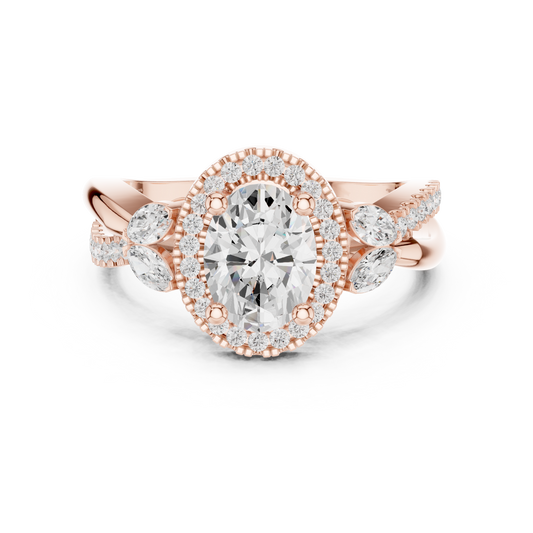 Oval Cut Halo Moissanite Diamond Twisted Split Shank Ring