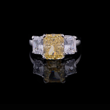 2.50 CT Brilliant Fancy Intense Yellow Radiant Cut Moissanite Diamond Three Stone Engagement Ring with Emerald Cut Side Diamonds
