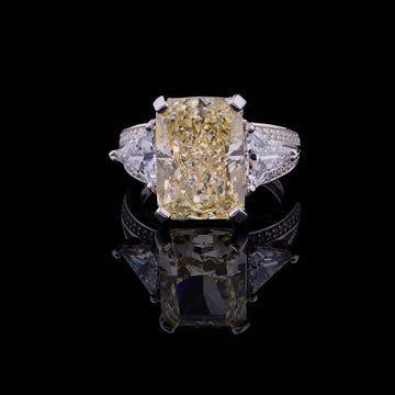 Radiant Fancy Intense Yellow Lab Grown Ring With Trillion Cut Side Diamonds