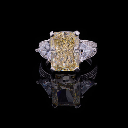 4.00 CT Dazzling Radiant Cut Fancy Intense Yellow Lab Grown Diamond Ring with Trillion Cut Side Diamonds