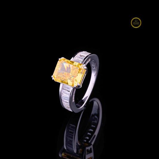 Fancy Vivid Yellow Radiant Cut Moissanite Diamond With Baguette Sidestone